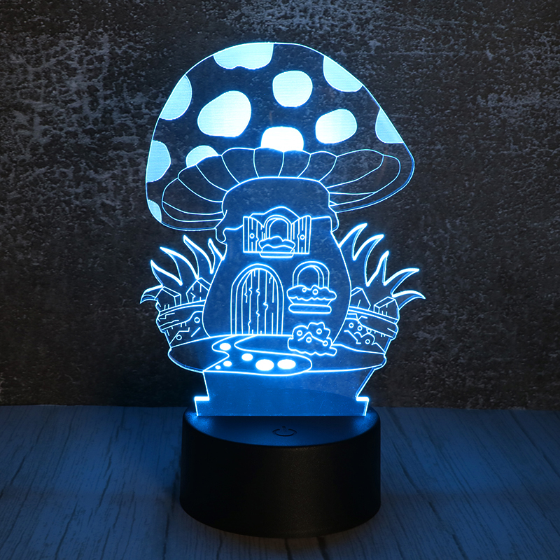 3d亞克力小夜燈創意led七彩（cǎi）蘑菇（gū）屋小（xiǎo）夜燈定製批發